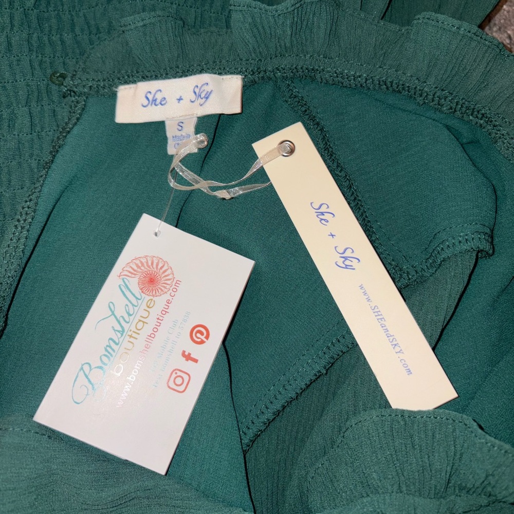 By She & Shy Green Smocked Ruffle Mock Neck Long Sleeve Mini Dress – NWT Small - Picture 7 of 7